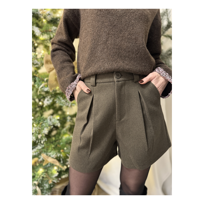 Short taupe en flanelle taille haute-Short taille haute-Chic et élégant-automne-hiver