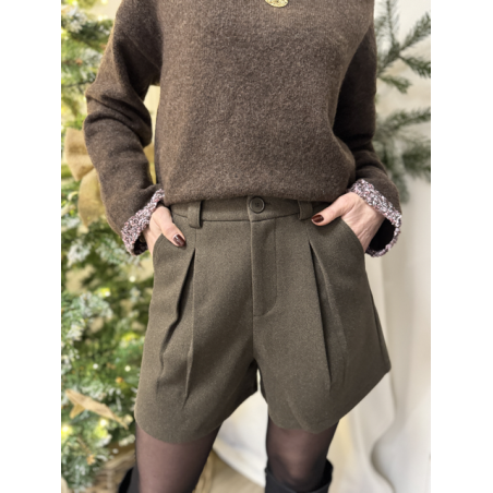 Short taupe en flanelle taille haute-Short taille haute-Chic et élégant-automne-hiver