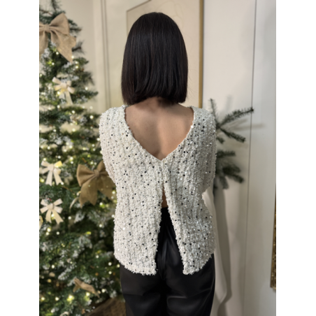 Pull joli dos blanc à sequins – Élégance et brillance pour vos soirées