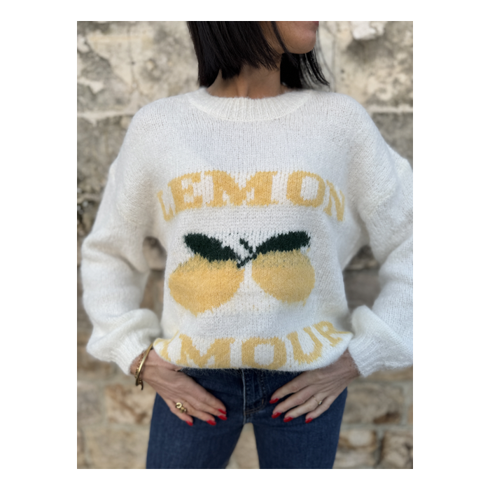 Pull Blanc Col Rond "Lemon Amour" - Douceur et Style Décontracté