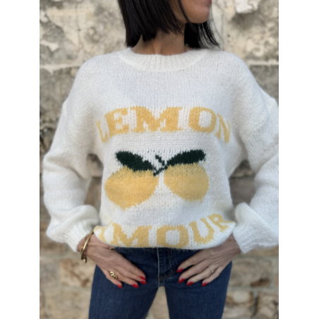 Pull Blanc Col Rond "Lemon Amour" - Douceur et Style Décontracté