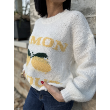 Pull Blanc Col Rond "Lemon Amour" - Douceur et Style Décontracté