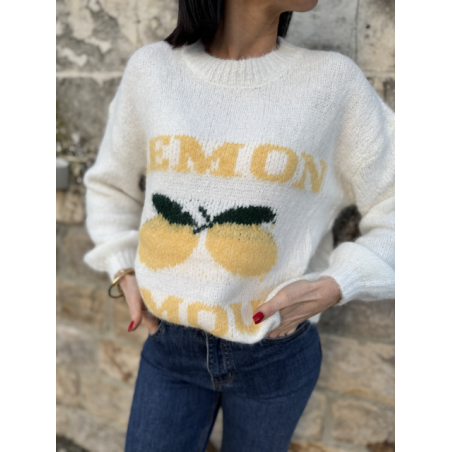 Pull Blanc Col Rond "Lemon Amour" - Douceur et Style Décontracté