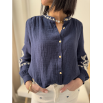 Blouse bleu marine brodée - Élégance et confort pour un style raffiné