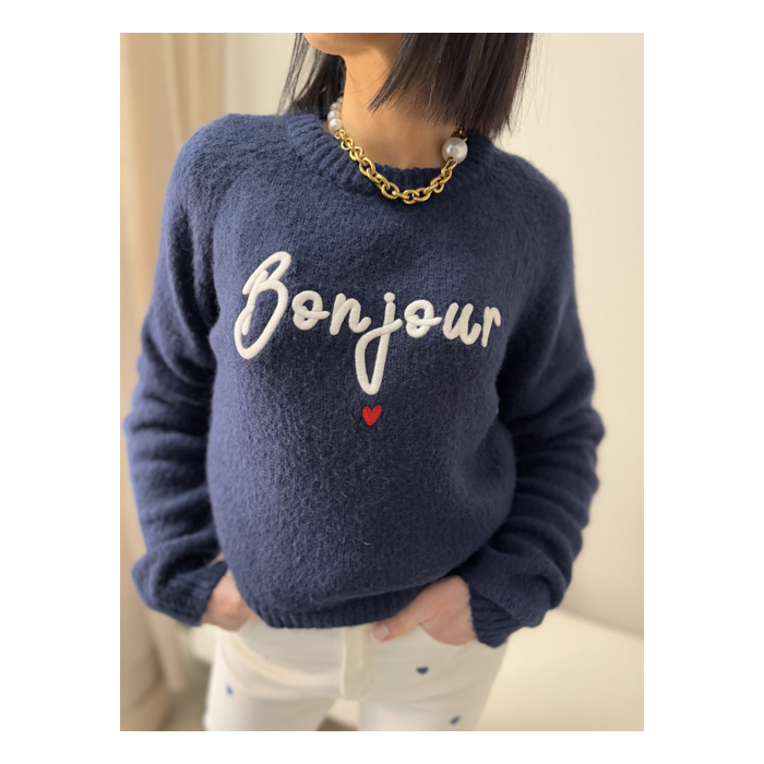 Pull bleu marine "Bonjour" brodé - Chic et confort pour un style unique