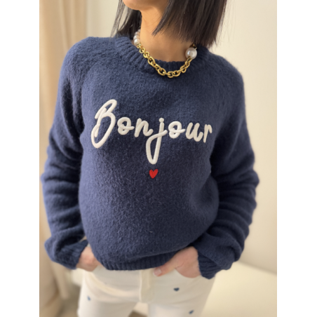 Pull bleu marine "Bonjour" brodé - Chic et confort pour un style unique