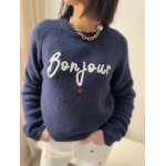 Pull bleu marine "Bonjour" brodé - Chic et confort pour un style unique