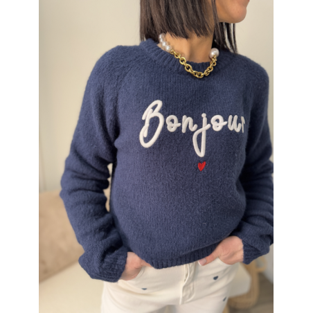 Pull bleu marine "Bonjour" brodé - Chic et confort pour un style unique