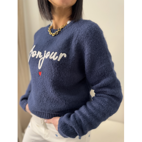 Pull bleu marine "Bonjour" brodé - Chic et confort pour un style unique