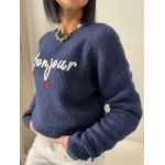 Pull bleu marine "Bonjour" brodé - Chic et confort pour un style unique