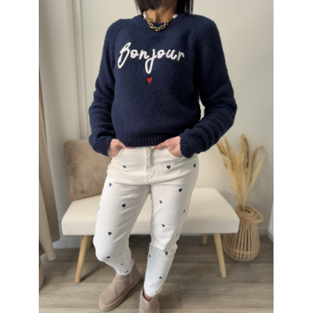 Pull bleu marine "Bonjour" brodé - Chic et confort pour un style unique