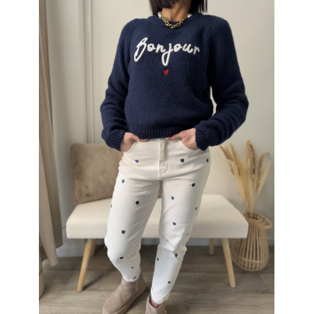 Pull bleu marine "Bonjour" brodé - Chic et confort pour un style unique