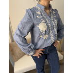 Blouse Bleu Ciel avec Broderies Florales et Col Mao | Élégance et Fraîcheur