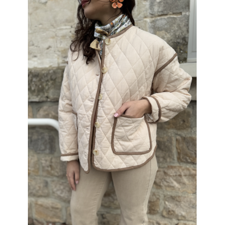 Veste Matelassée Écru Bords Taupe | Chic & Confort