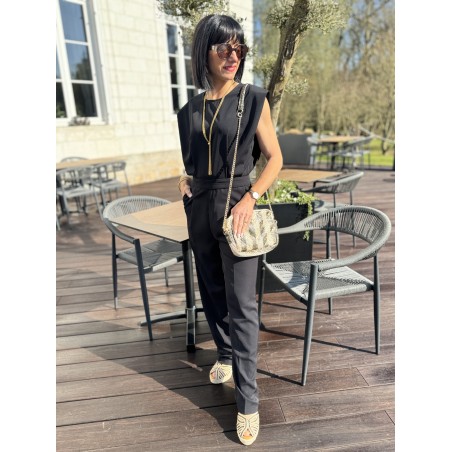 Sandales compensées en paille noir et beige – Melle Jeanne