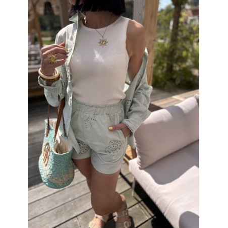 Chemise ajourée vert menthe – Melle Jeanne | Motif soleil et fraîcheur d’été