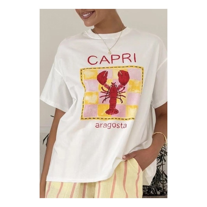 Tee-shirt Capri blanc imprimé homard – Taille unique | La Dolce Vibe