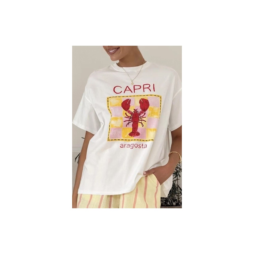 Tee-shirt Capri blanc imprimé homard – Taille unique | La Dolce Vibe Tee-shirt Capri blanc imprimé homard – Taille unique | La Dolce Vibe