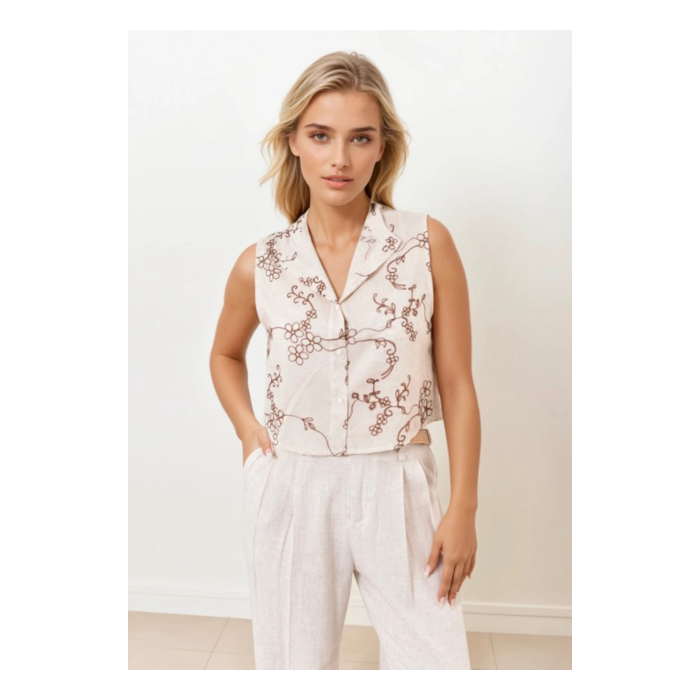 Blouse nude brodée sans manches – Melle Jeanne | Élégance estivale