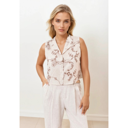 Blouse nude brodée sans manches – Melle Jeanne | Élégance estivale