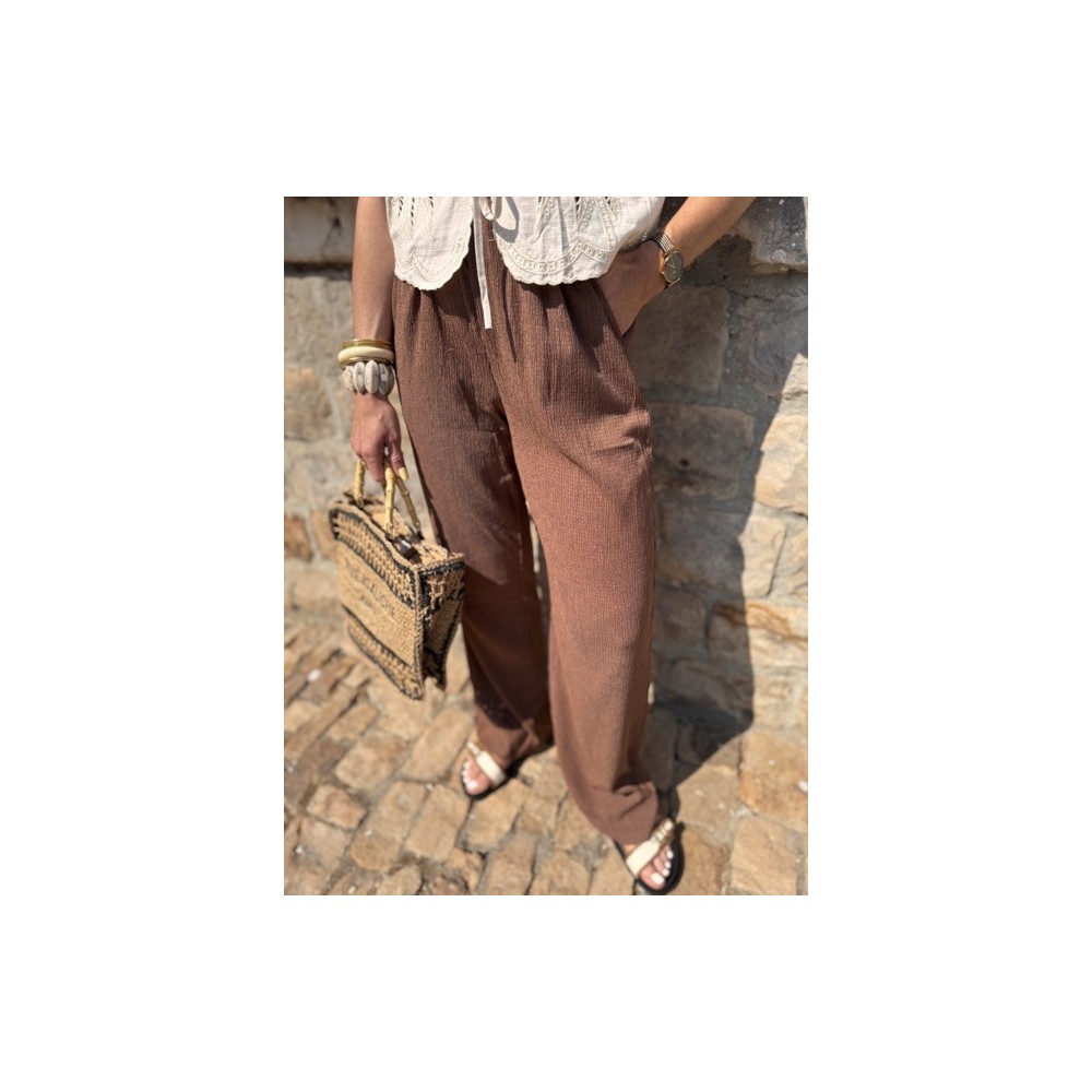 Pantalon Fluide Femme en Crêpe Marron – Élégant et Confortable