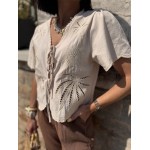 Blouse Femme Manches Courtes avec Nœud et Broderie Palmier – Écrue ou Blanche
