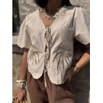 Blouse Femme Manches Courtes avec Nœud et Broderie Palmier – Écrue ou Blanche