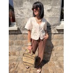 Blouse Femme Manches Courtes avec Nœud et Broderie Palmier – Écrue ou Blanche