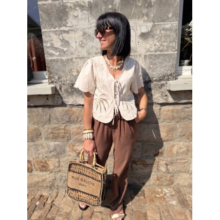 Blouse Femme Manches Courtes avec Nœud et Broderie Palmier – Écrue ou Blanche