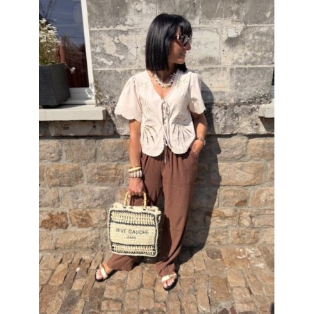 Blouse Femme Manches Courtes avec Nœud et Broderie Palmier – Écrue ou Blanche