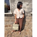 Blouse Femme Manches Courtes avec Nœud et Broderie Palmier – Écrue ou Blanche