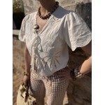 Blouse Femme Manches Courtes avec Nœud et Broderie Palmier – Écrue ou Blanche