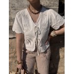 Blouse Femme Manches Courtes avec Nœud et Broderie Palmier – Écrue ou Blanche