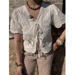 Blouse Femme Manches Courtes avec Nœud et Broderie Palmier – Écrue ou Blanche
