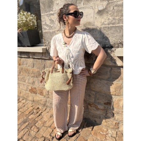 Blouse Femme Manches Courtes avec Nœud et Broderie Palmier – Écrue ou Blanche