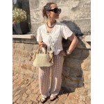 Blouse Femme Manches Courtes avec Nœud et Broderie Palmier – Écrue ou Blanche