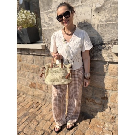 Blouse Femme Manches Courtes avec Nœud et Broderie Palmier – Écrue ou Blanche