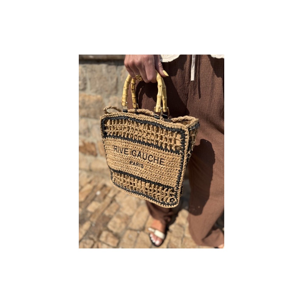 Sac panier en raphia avec inscription Rive Gauche – Fermeture éclair & anses double porté | Collection Le Soleil