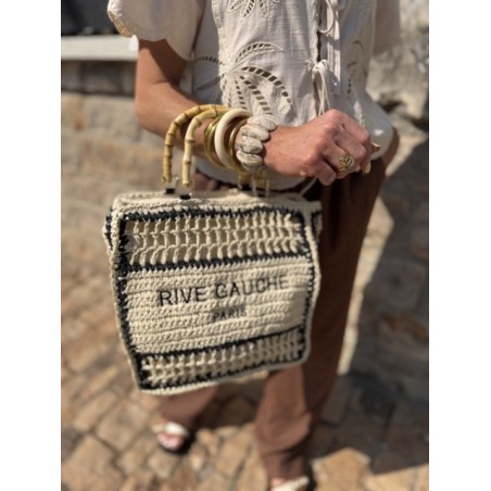 Sac panier en raphia avec inscription Rive Gauche – Fermeture éclair & anses double porté | Collection Le Soleil