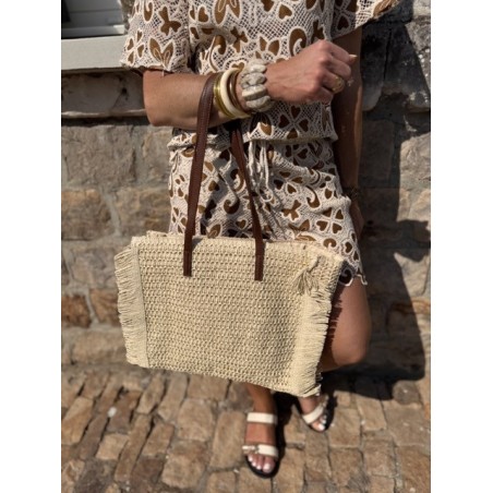 Sac panier en raphia avec franges – Anses camel & fermeture éclair | Look bohème chic | Collection Le Soleil
