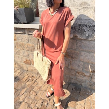 Robe longue terracotta coupe tee-shirt avec fentes – SM ou ML | Melle Jeanne