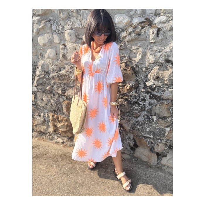 Robe blanche gaze de coton imprimé soleil orange – Taille unique | Melle Jeanne