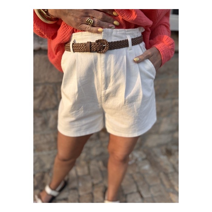 Short blanc taille haute effet lin – Ceinture tressée incluse | XS à L – Melle Jeanne