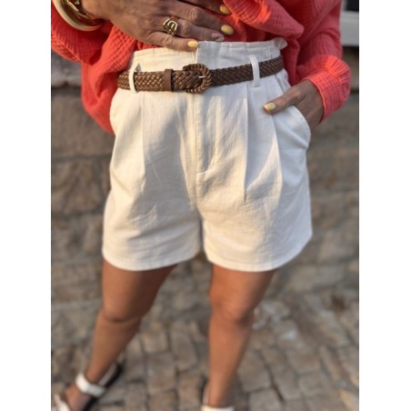 Short blanc taille haute effet lin – Ceinture tressée incluse | XS à L – Melle Jeanne
