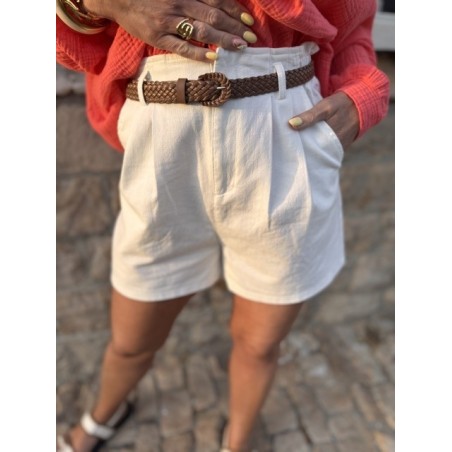 Short blanc taille haute effet lin – Ceinture tressée incluse | XS à L – Melle Jeanne