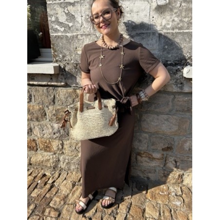 Robe longue tee-shirt chocolat – Nœud taille & fente – Taille unique 36 à 42 | Melle Jeanne
