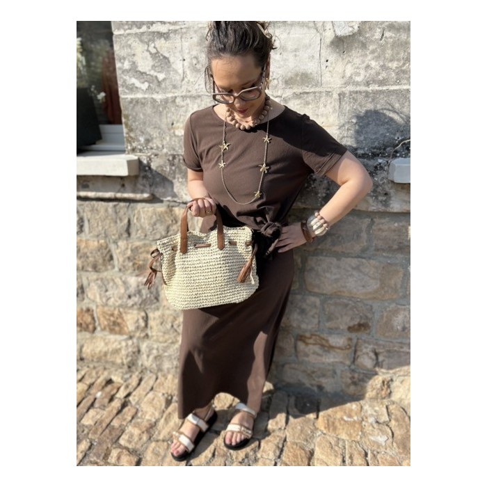 Robe longue tee-shirt chocolat – Nœud taille & fente – Taille unique 36 à 42 | Melle Jeanne