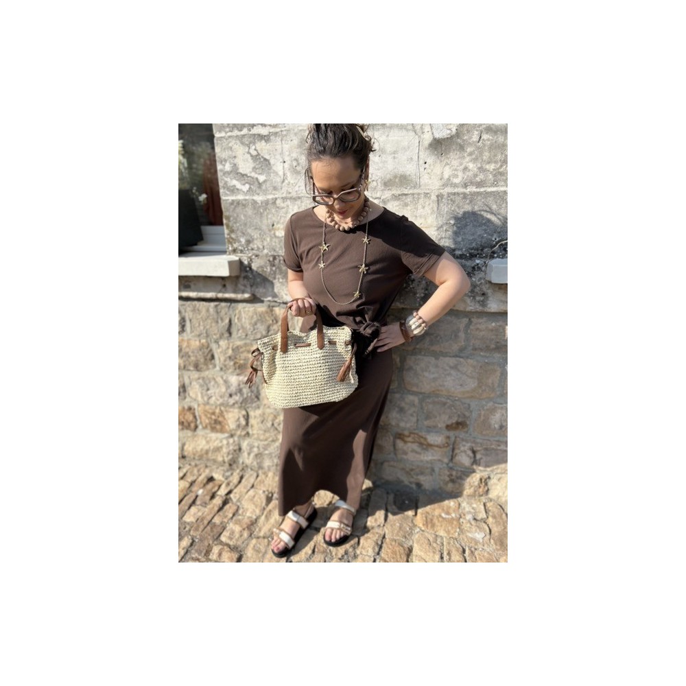 Robe longue tee-shirt chocolat – Nœud taille & fente – Taille unique 36 à 42 | Melle Jeanne Robe longue tee-shirt chocolat – Nœud taille & fente – Taille unique 36 à 42 | Melle Jeanne
