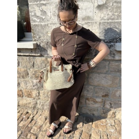Robe longue tee-shirt chocolat – Nœud taille & fente – Taille unique 36 à 42 | Melle Jeanne