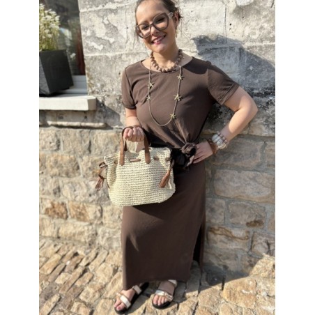 Robe longue tee-shirt chocolat – Nœud taille & fente – Taille unique 36 à 42 | Melle Jeanne